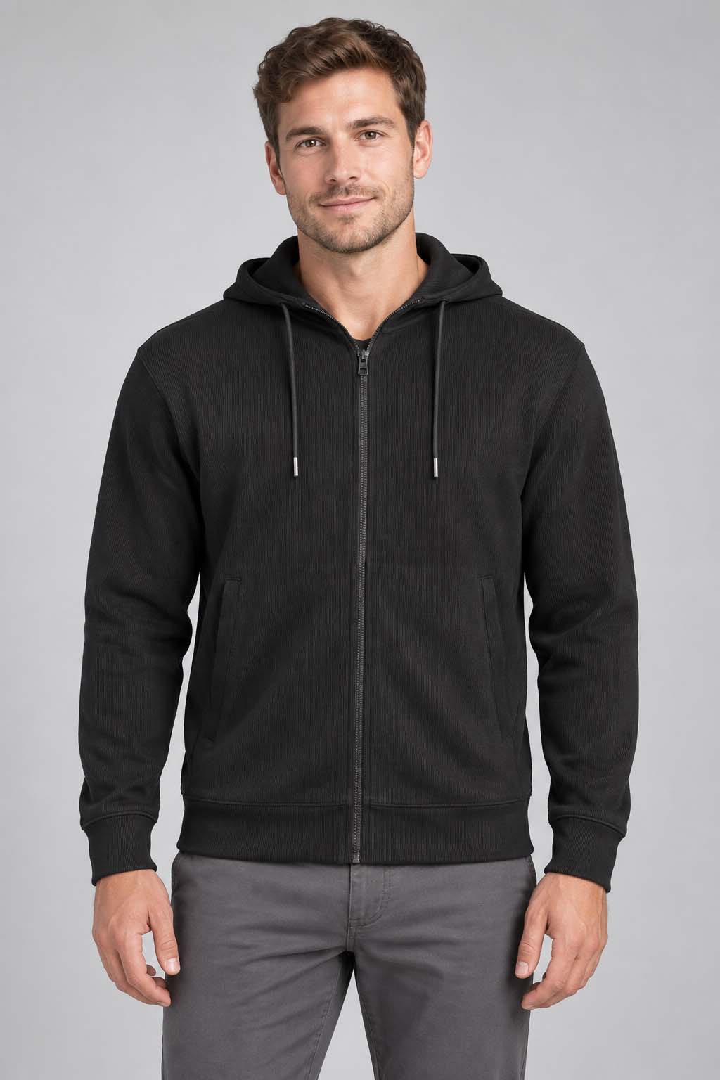 Ribbed Interlock Hooded Full Zip