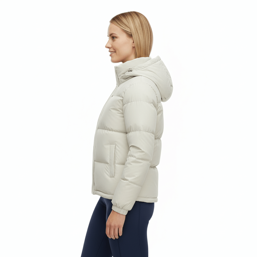 Kvinnlig modell med beige vinterjacka med luva