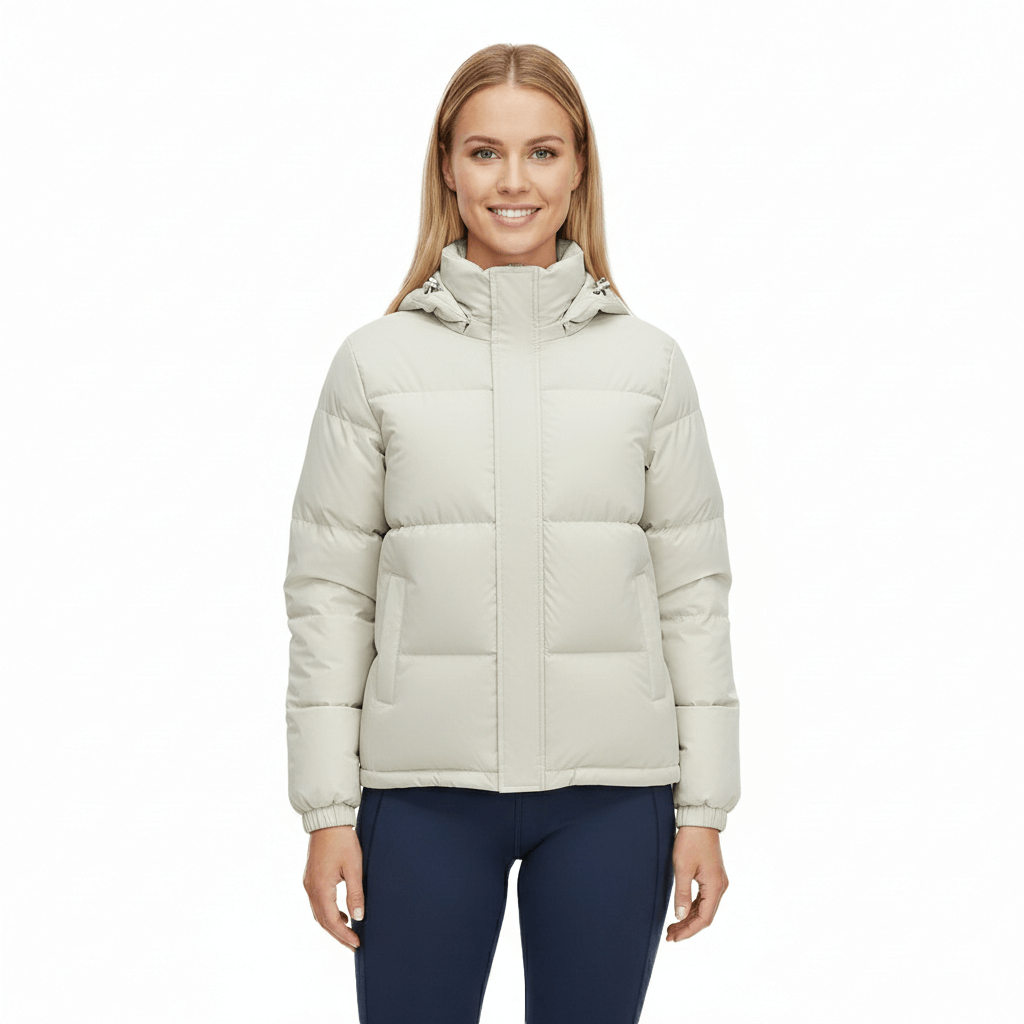 Kvinnlig modell med beige vinterjacka med luva