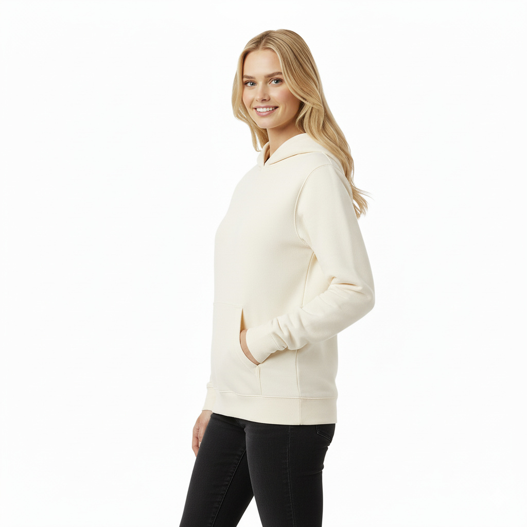 Kvinnlig modell som har på sig vit tjock hoodie från wearly profilkläder