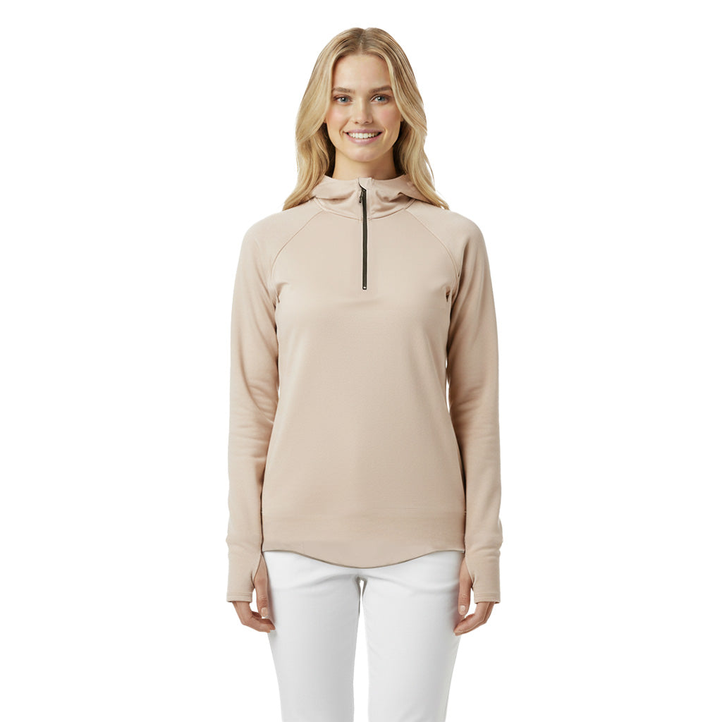 Bild framifrån på en kvinnlig modell som har på sig beige ziphoodie från wearly