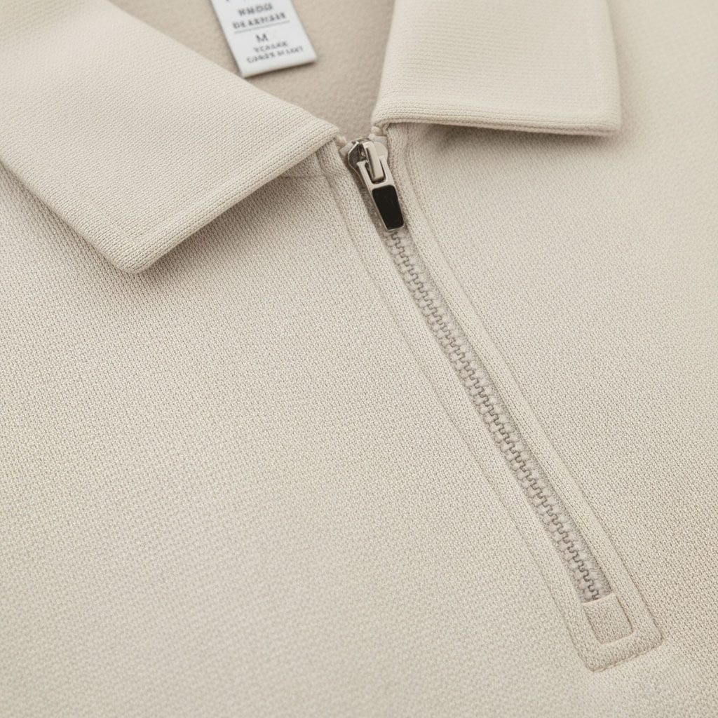 Närbild på beige pikétröja med krage och synlig tygstruktur